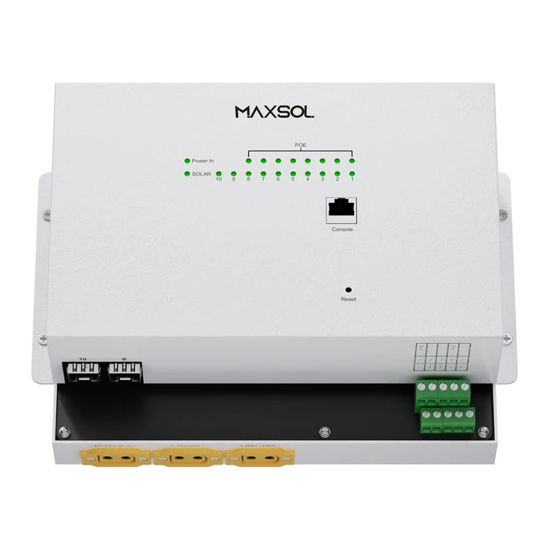 Maxsol managed solar industrial PoE switch with Ethernet, SFP, power and monitoring connections