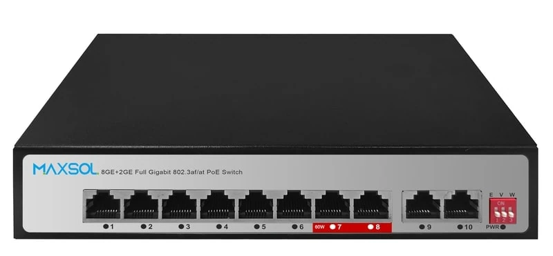 Maxsol PS1802G unmanaged eight-port Gigabit PoE switch shown from the front