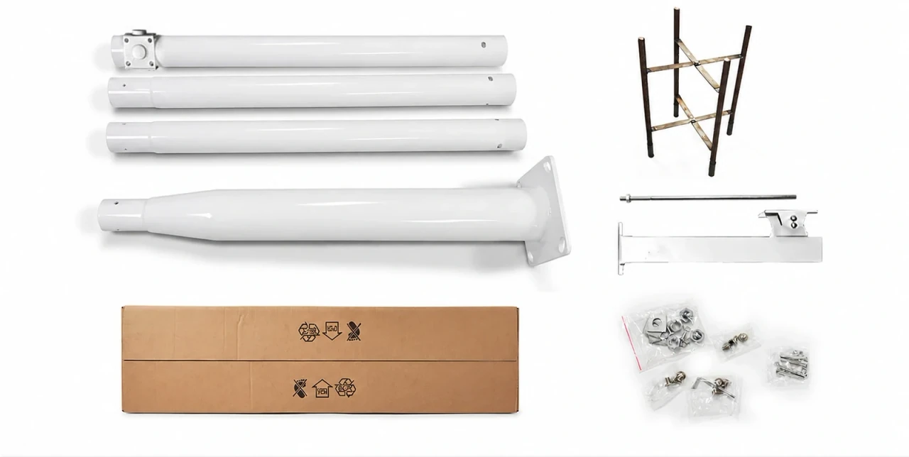 Modular pole sections, anchor cage, mounting hardware and transport packaging